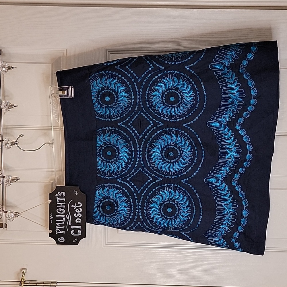 Liz Claiborne Skirt Navy Blue Teal Embroidered 14